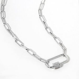 White Gold CZ Stone Crystal Carabiner Paperclip Link Chain Pendant Necklace